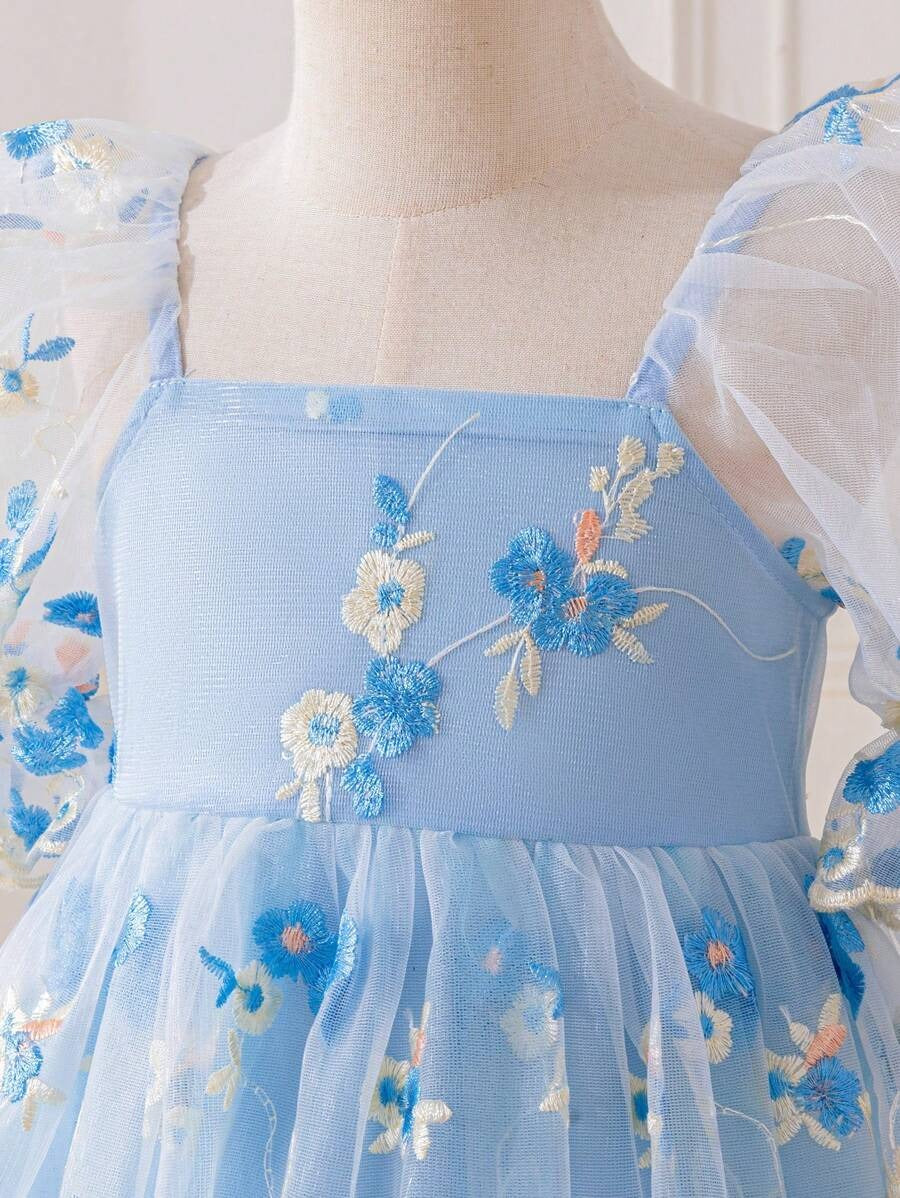 Embroidered Net Puff Sleeve Dress