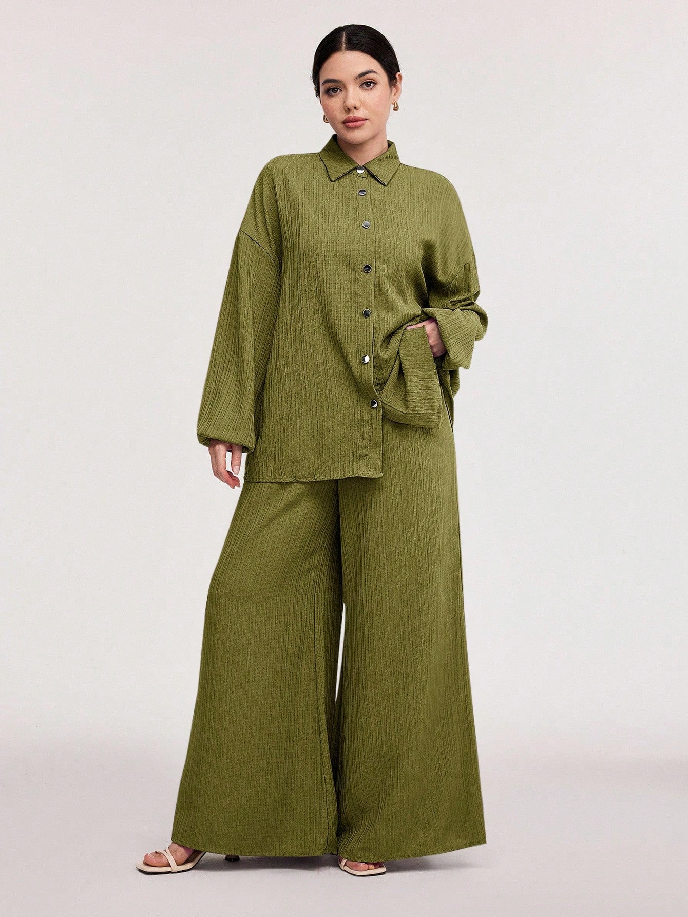 Textured Lantern Sleeve Pants Set