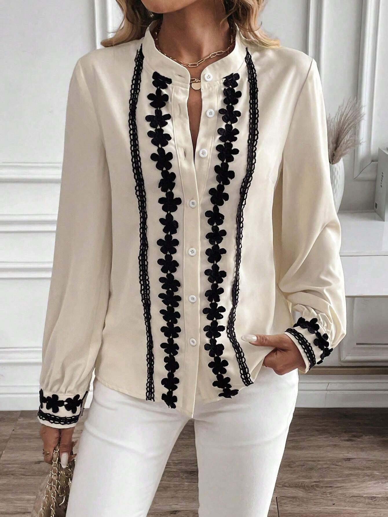 Floral Embroidered Stand Collar Blouse