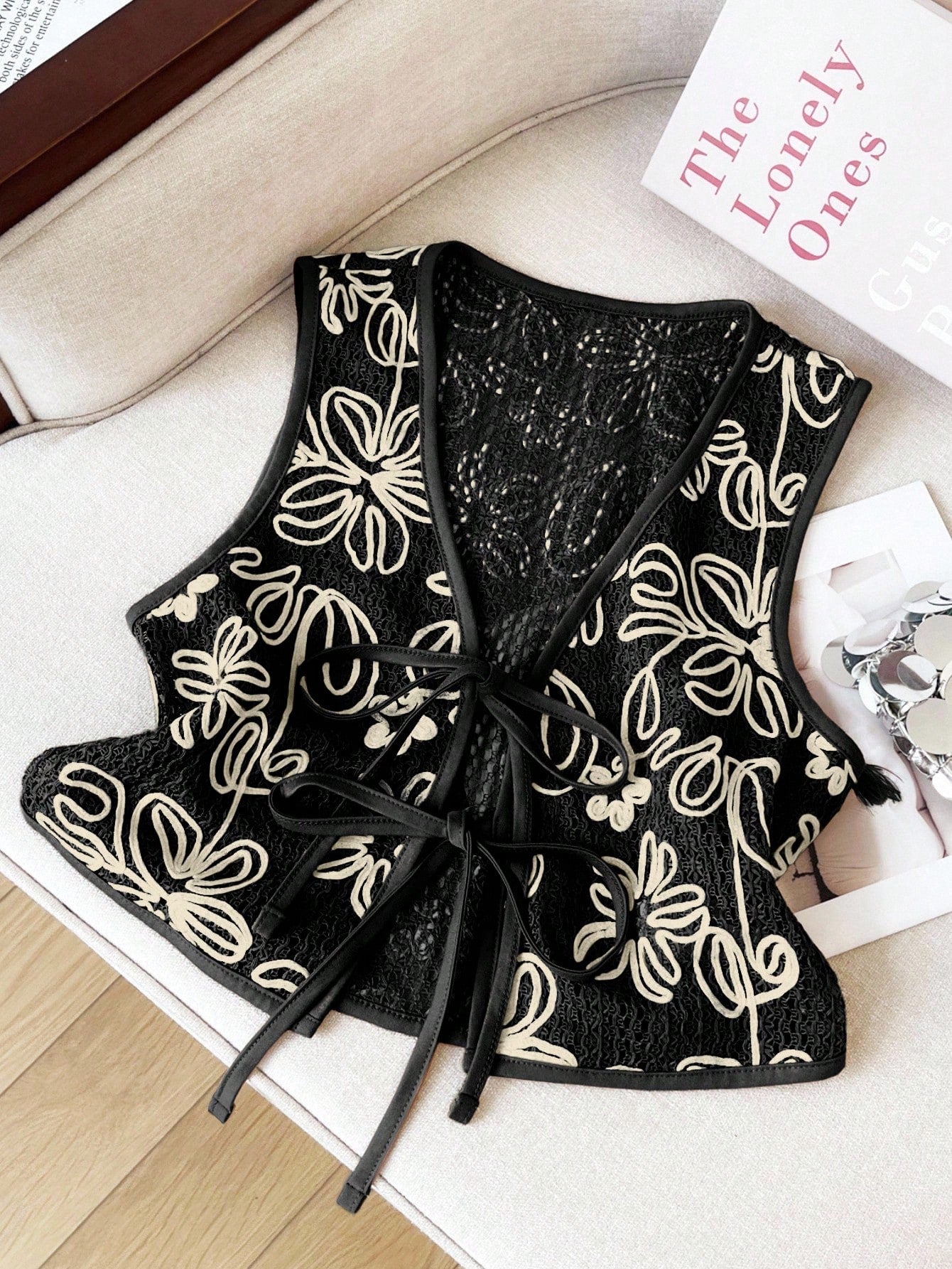 Floral Jacquard Tie-Front Camisole