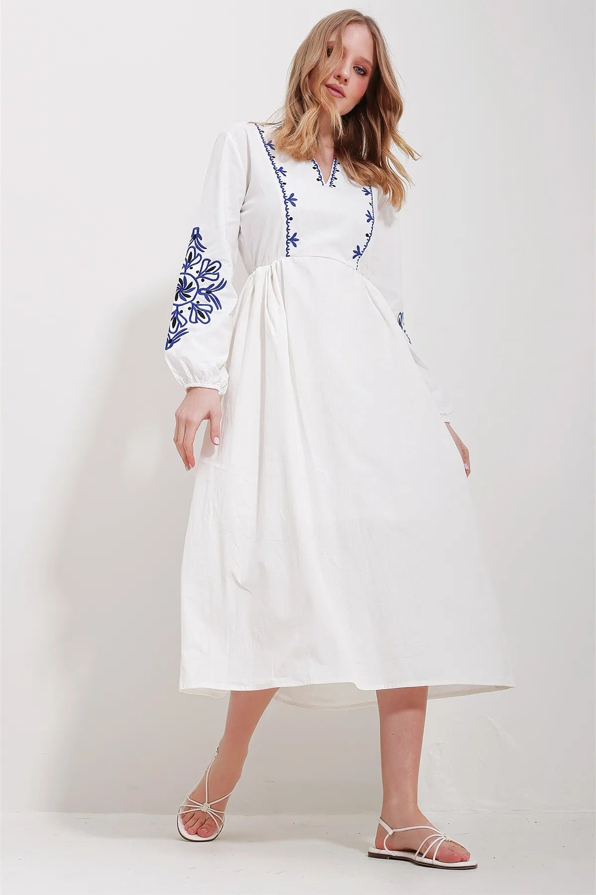 White Embroidered Linen Midi Dress