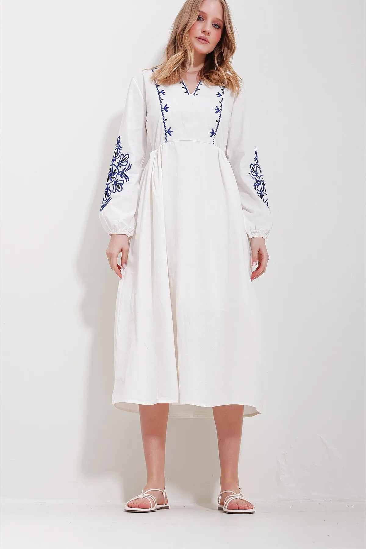 White Embroidered Linen Midi Dress