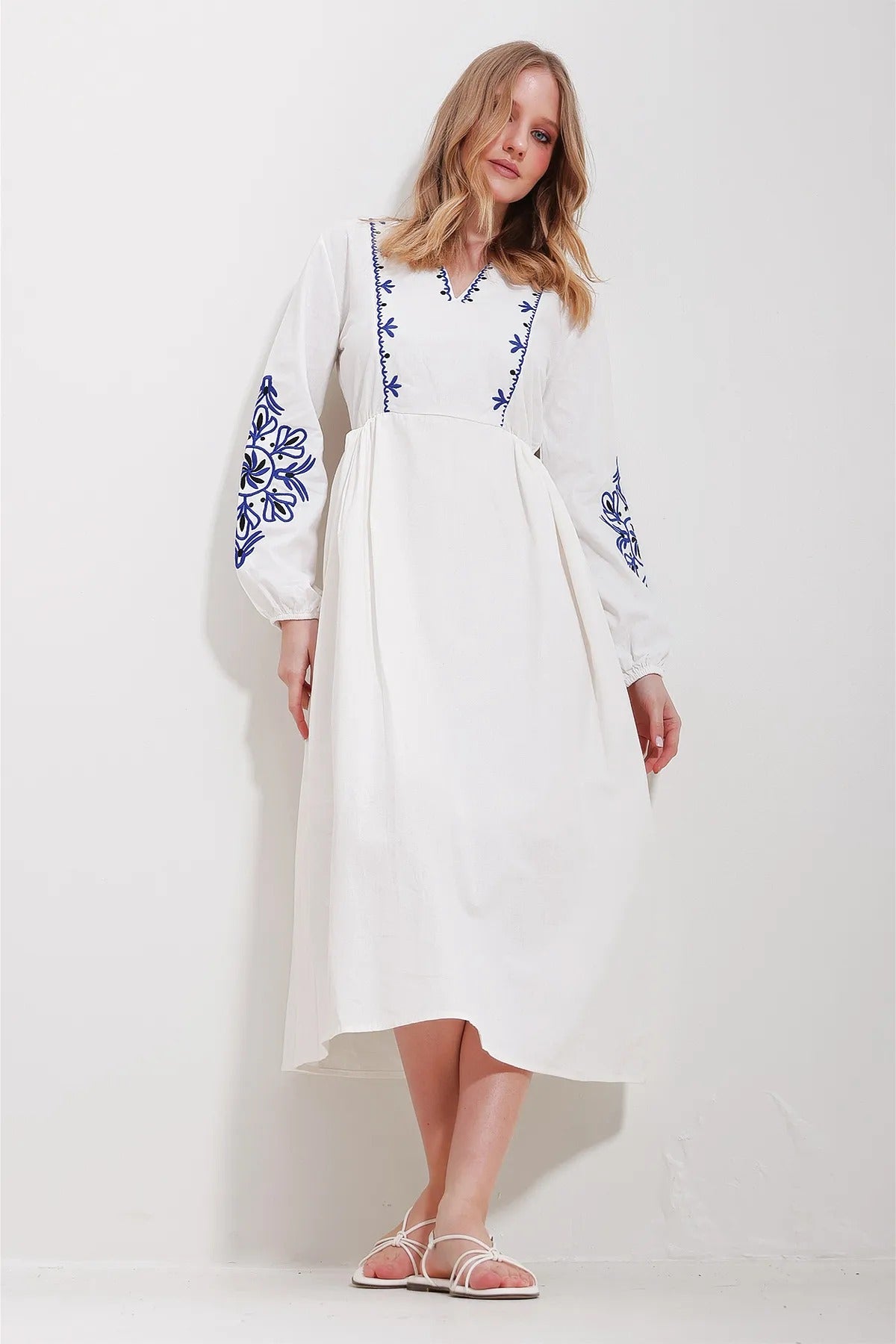 White Embroidered Linen Midi Dress