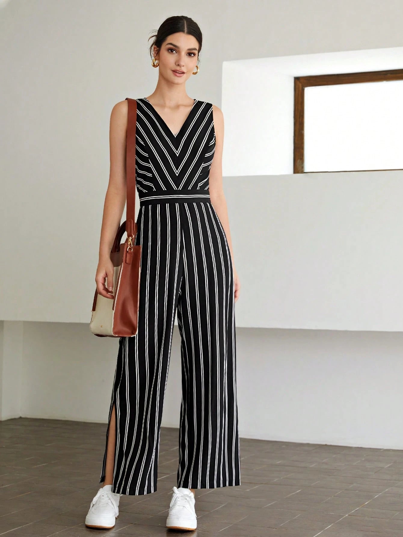Striped Slit Hem Casual Jumpsuit