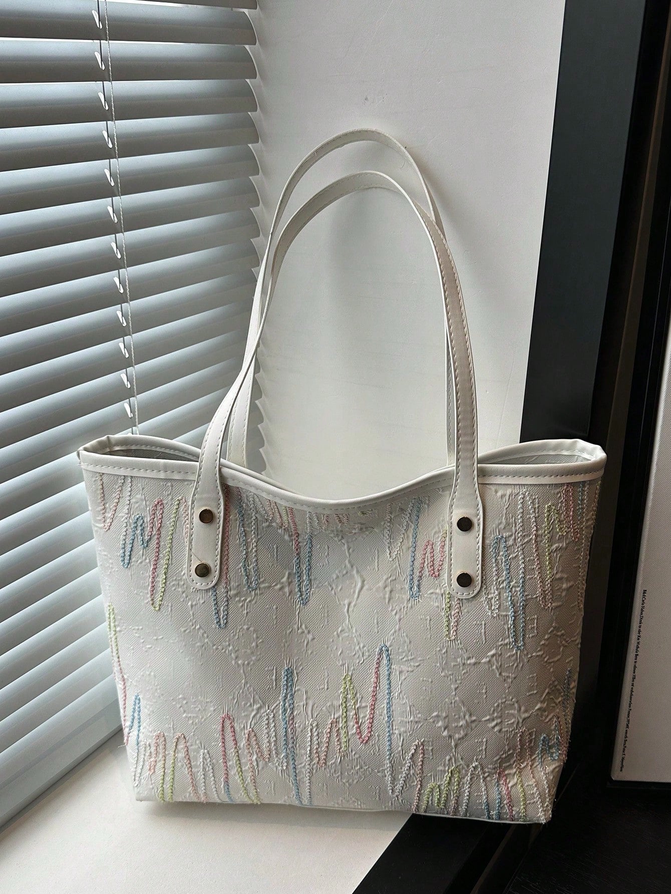 White Multicolor Embossed Tote Bag