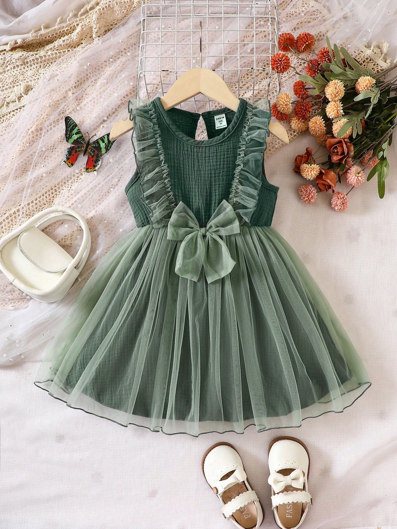 Ruffle Mesh Bow Front Dress