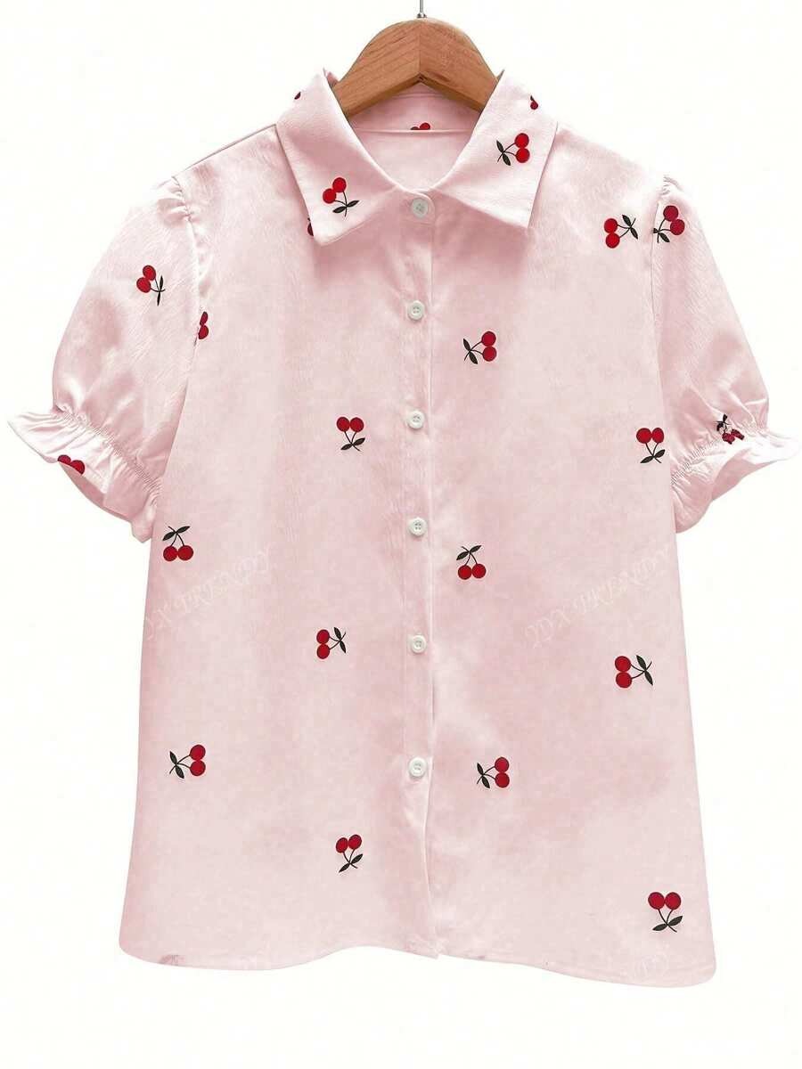 Cherry Print Ruffle Sleeve Blouse