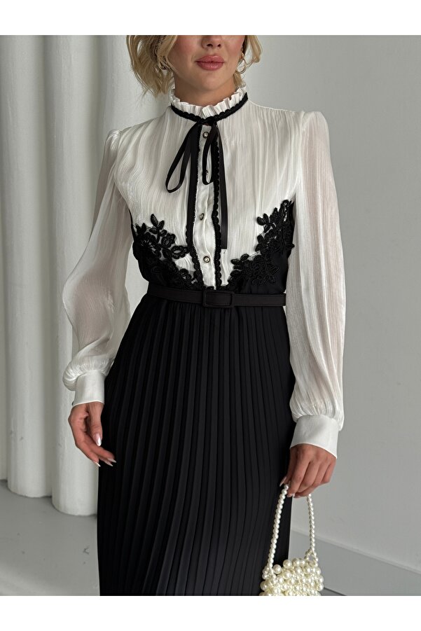 Elegant Lace-Detailed Chiffon A-Line Dress for Women