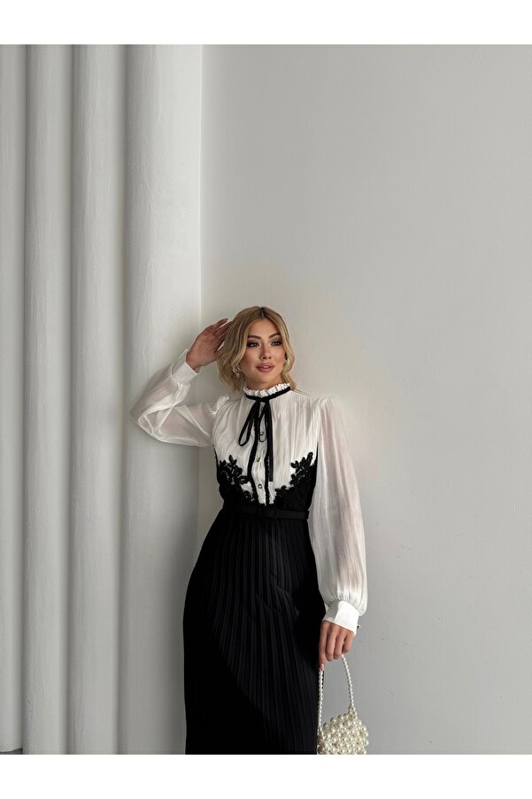 Elegant Lace-Detailed Chiffon A-Line Dress for Women