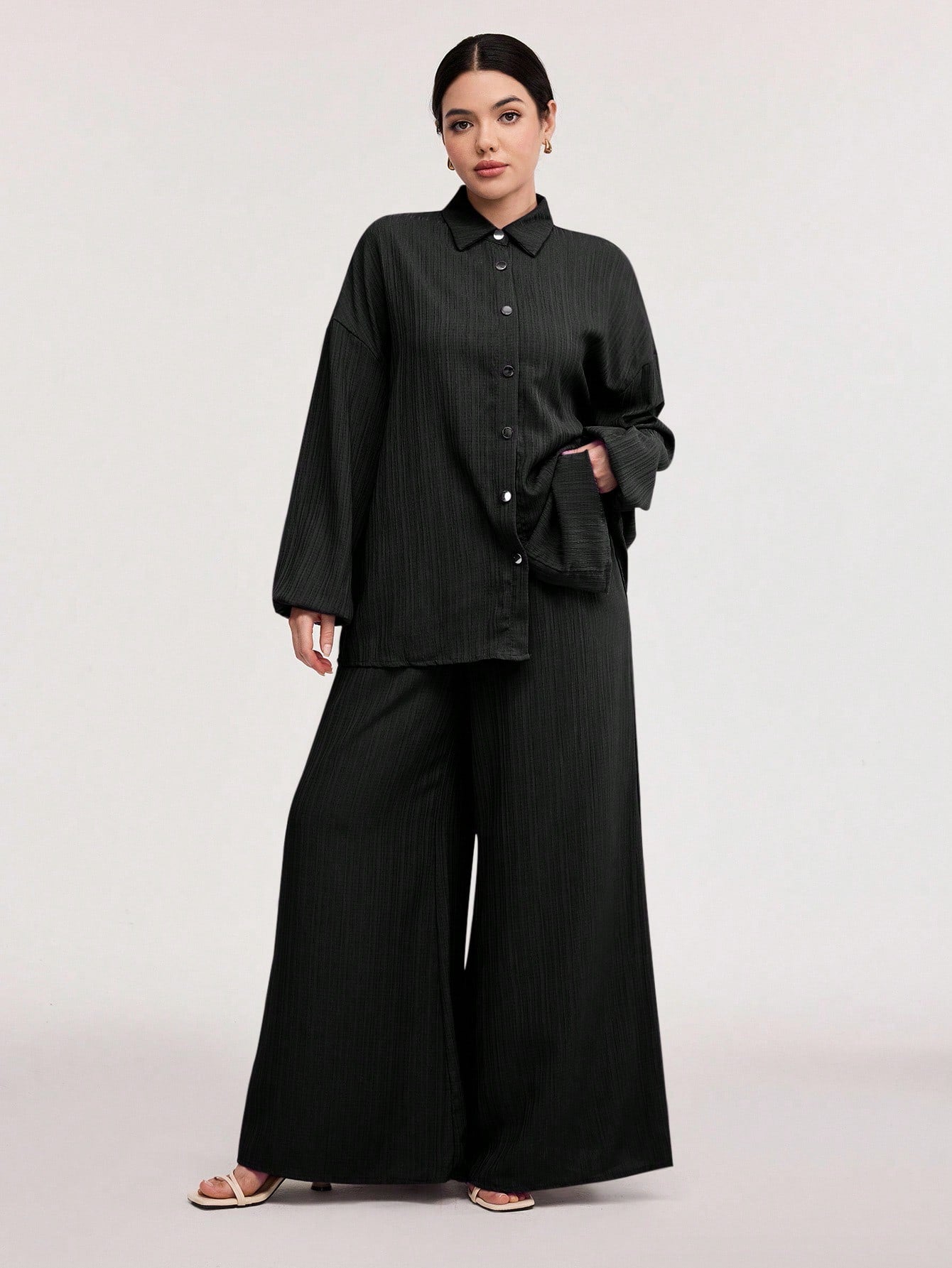 Textured Lantern Sleeve Pants Set