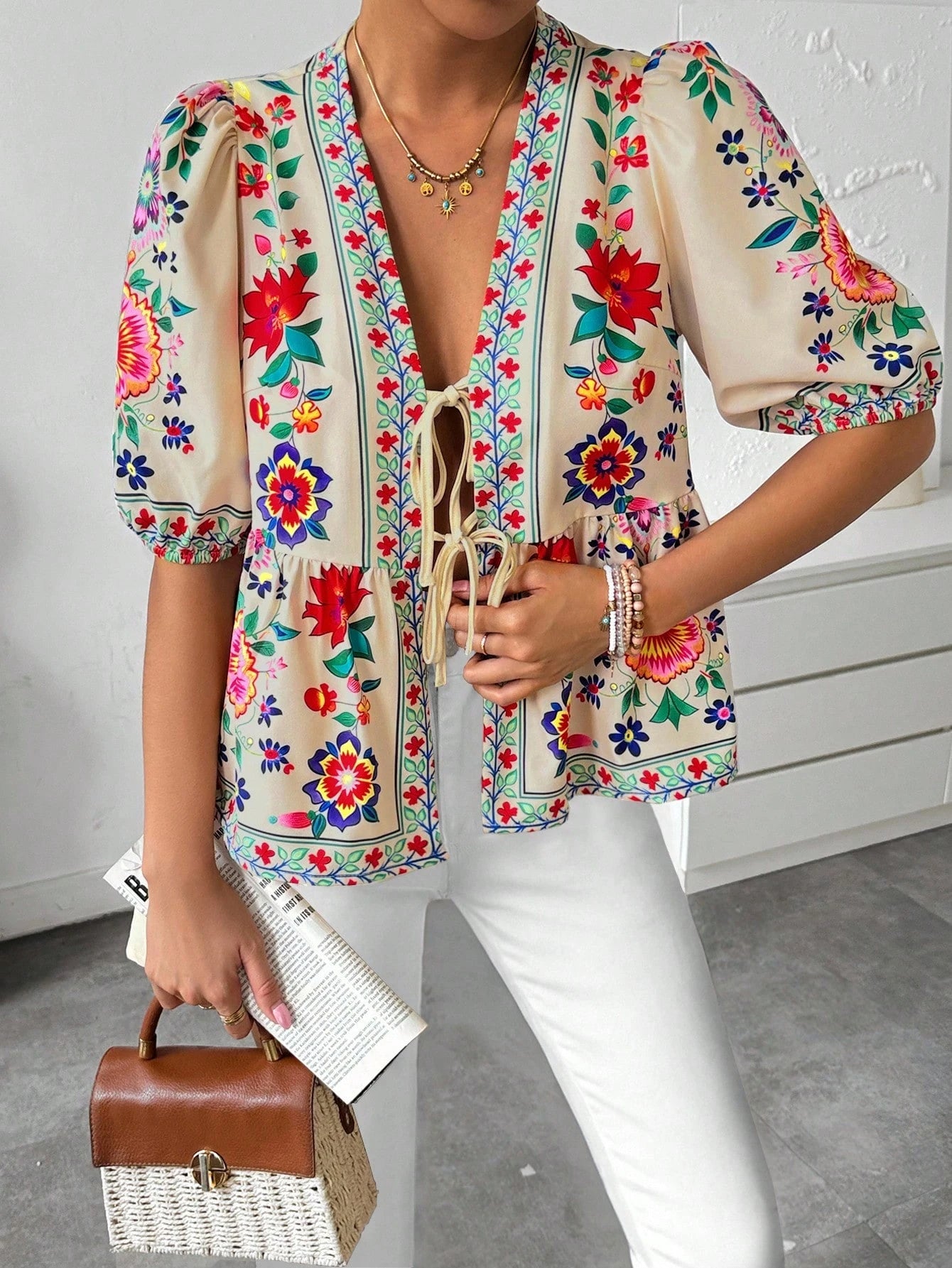 Printed Puff Sleeve Bow Blouse