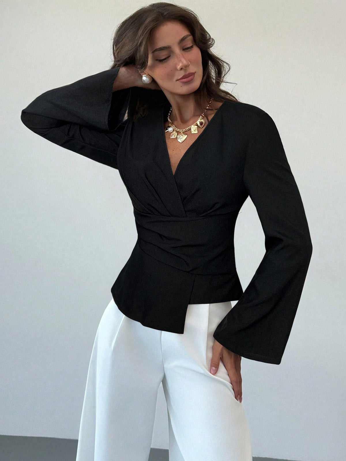 V-Neck Pleated Hem Blouse
