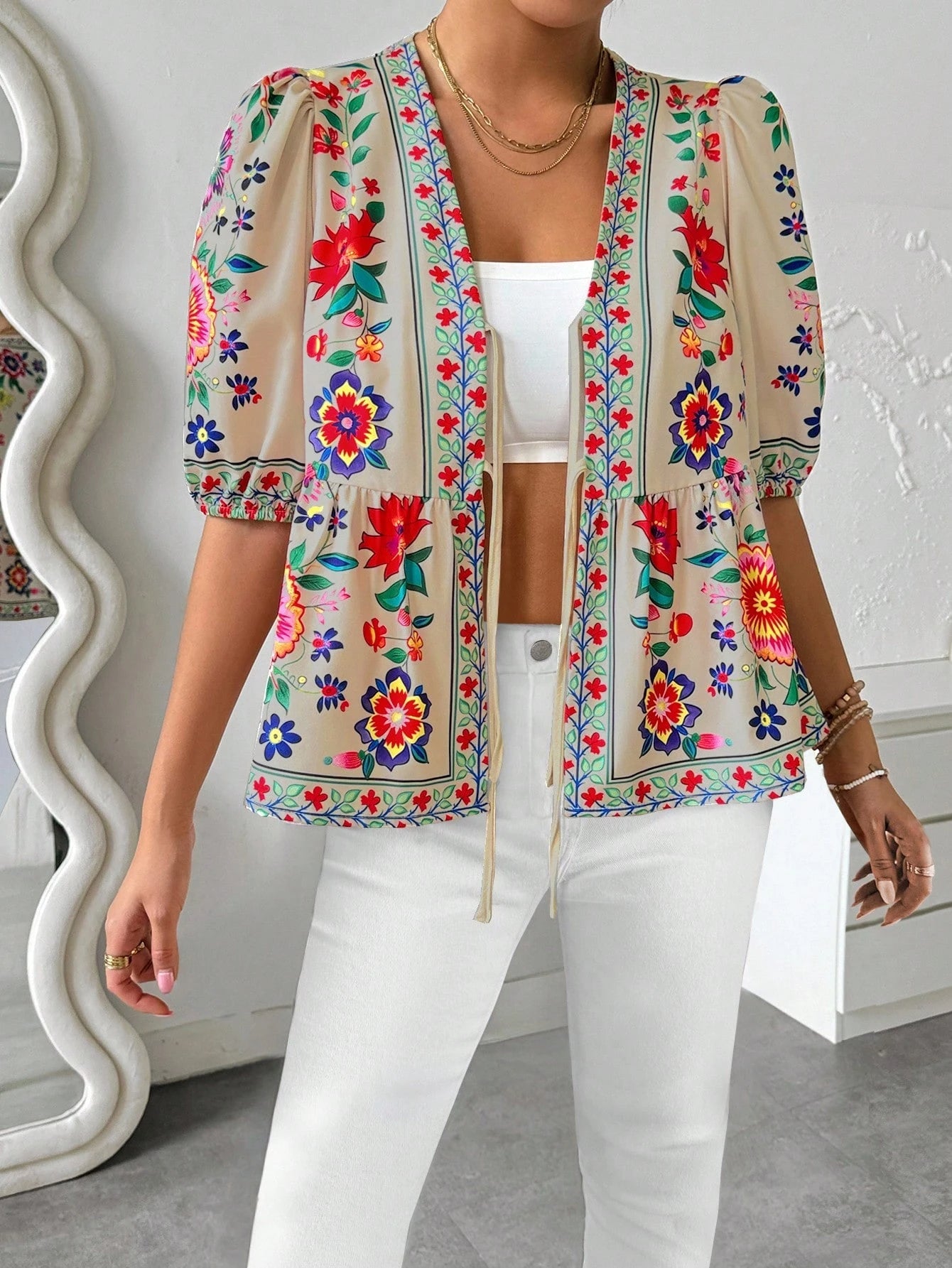 Printed Puff Sleeve Bow Blouse