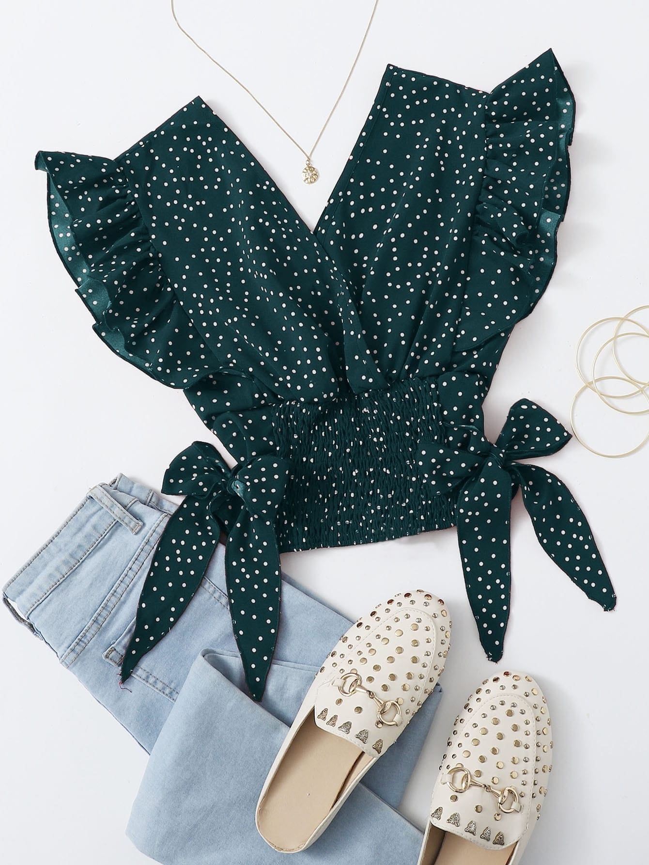 Polka Dot Shirred Ruffle Top