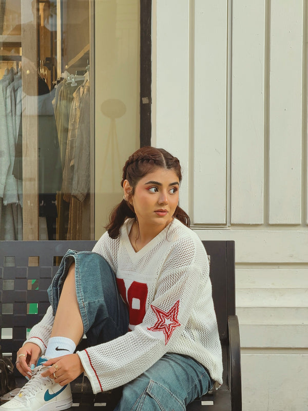 Areeka Haq Striped Oversized Knit Jersey Sweater