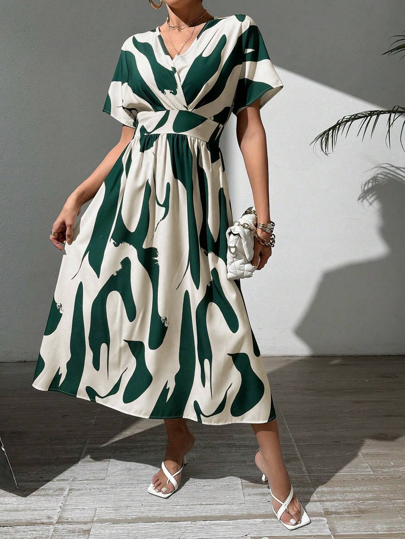 Printed V-Neck A-Line Dress