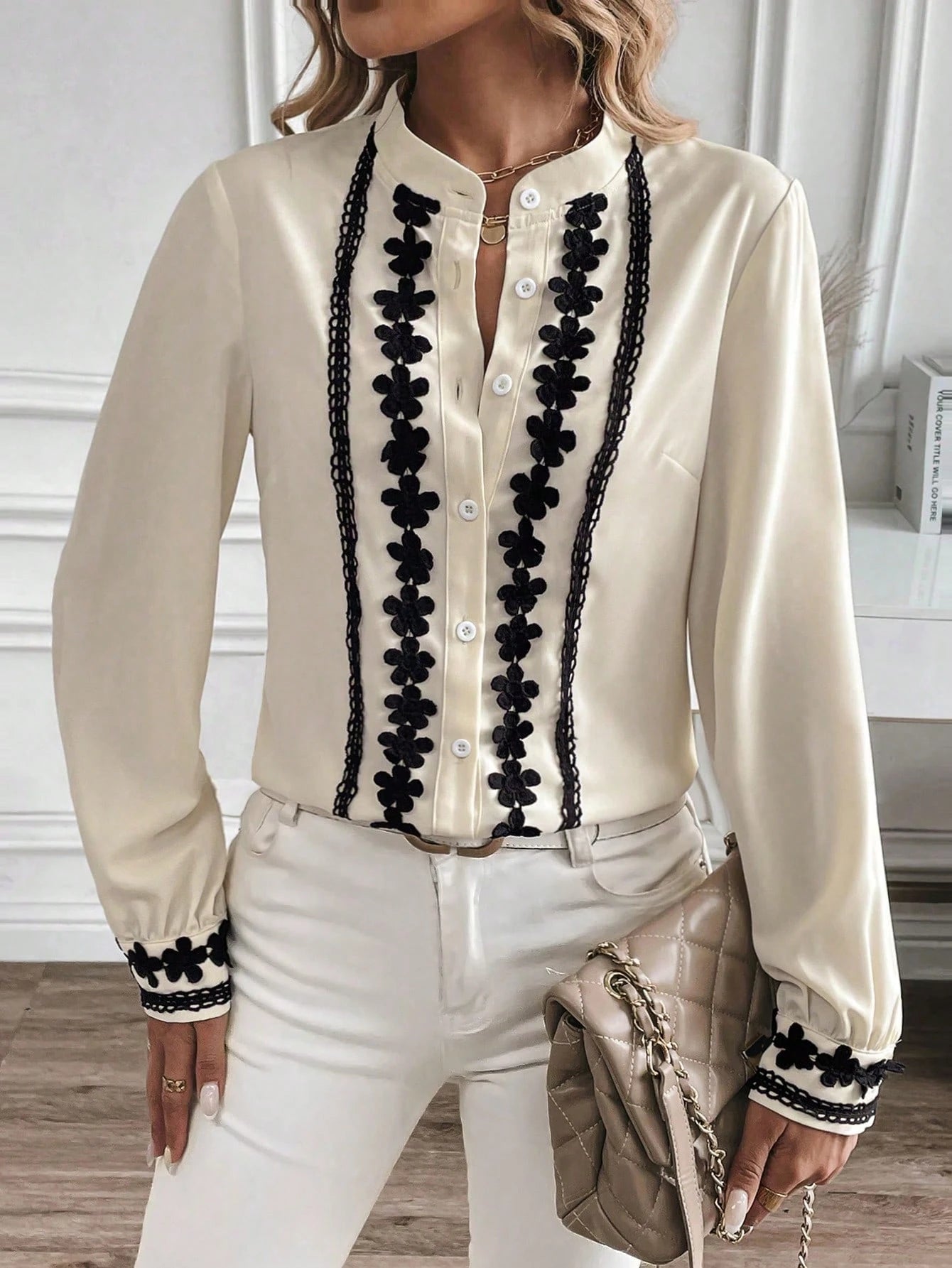 Floral Embroidered Stand Collar Blouse