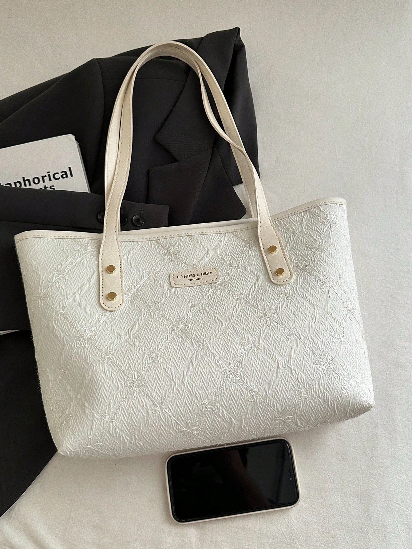 White Embossed Classic Tote Bag