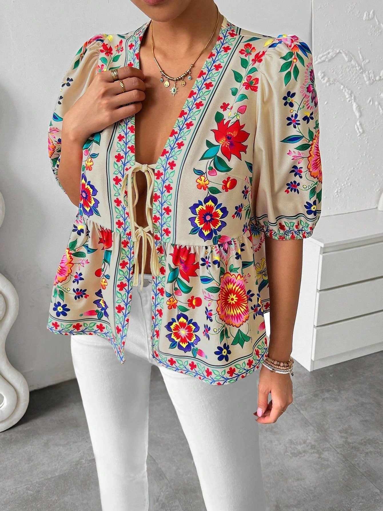 Printed Puff Sleeve Bow Blouse