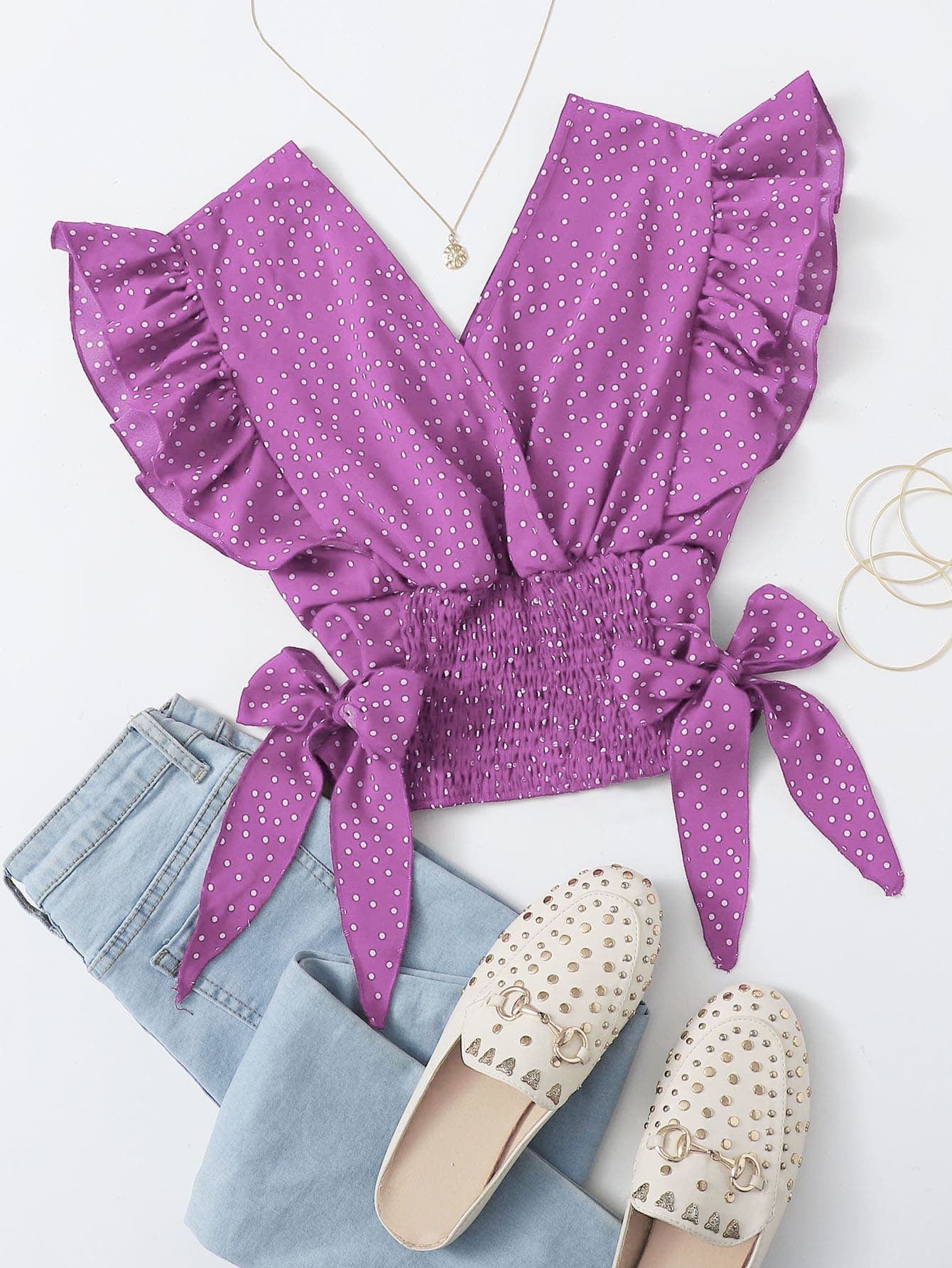 Polka Dot Shirred Ruffle Top