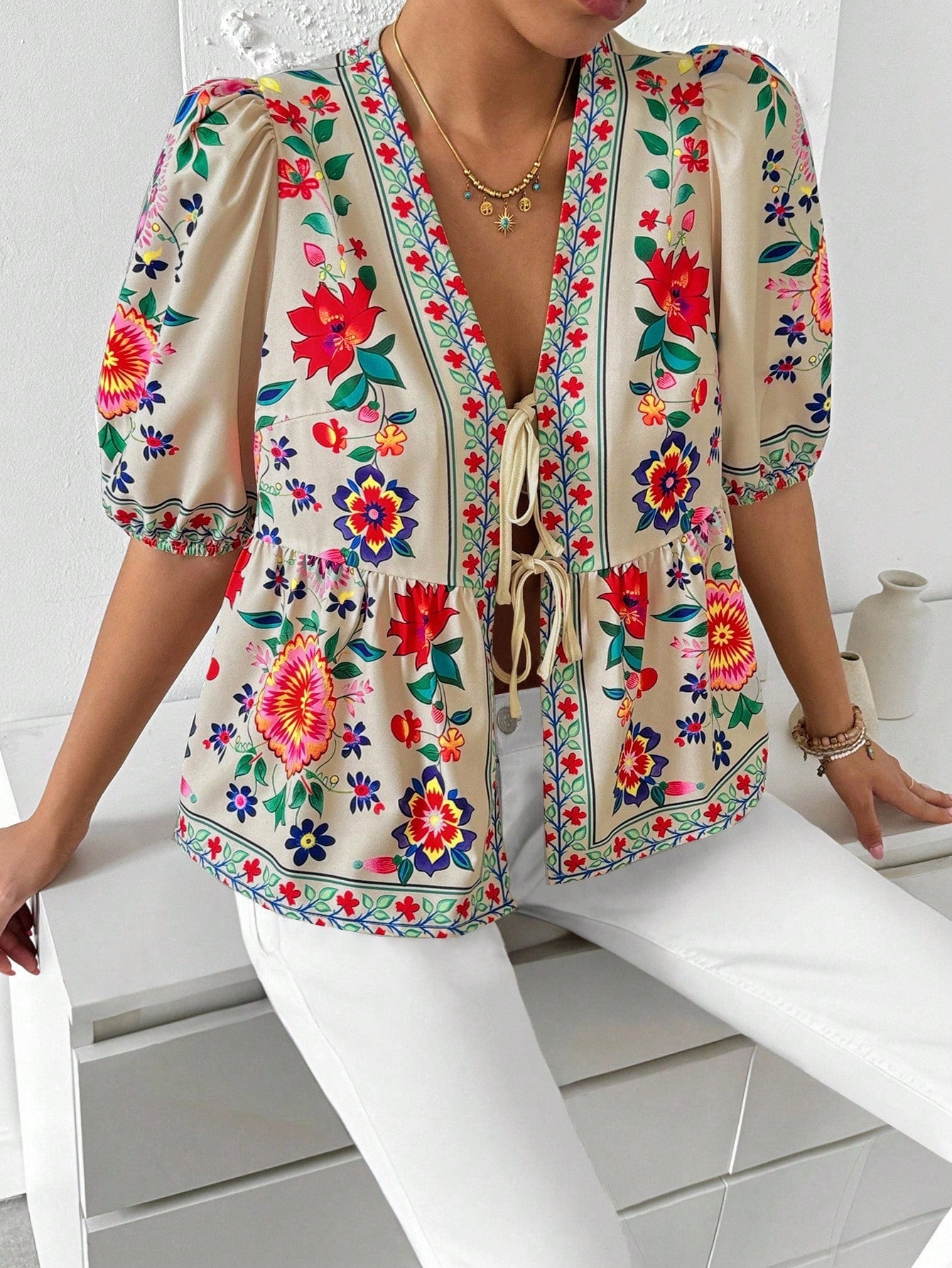 Printed Puff Sleeve Bow Blouse