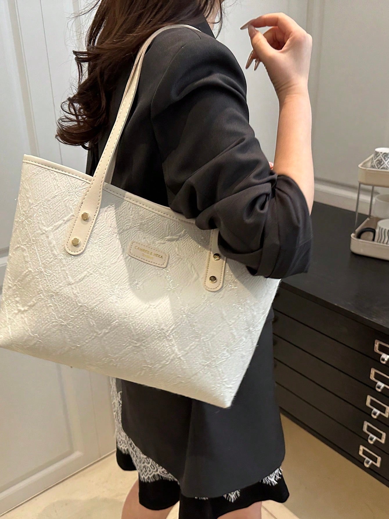 White Embossed Classic Tote Bag
