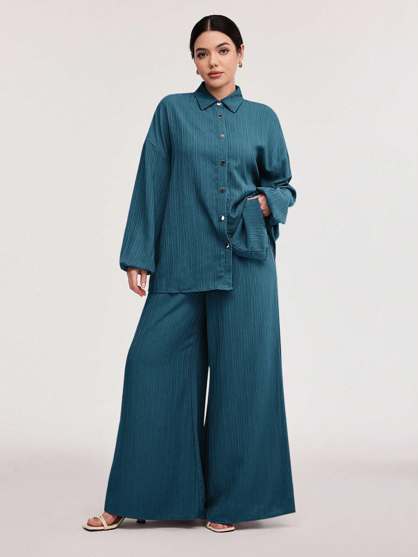 Textured Lantern Sleeve Pants Set