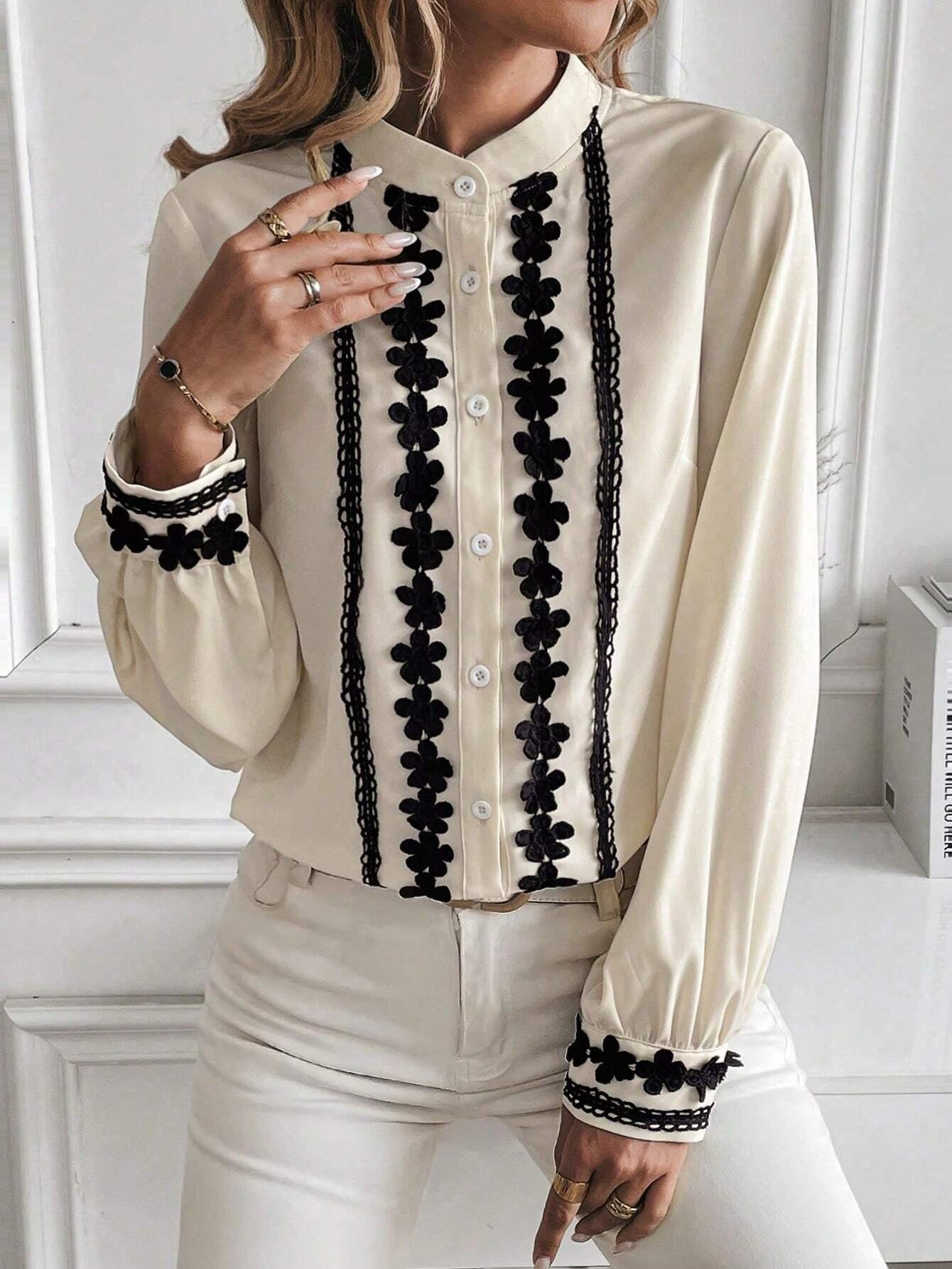 Floral Embroidered Stand Collar Blouse