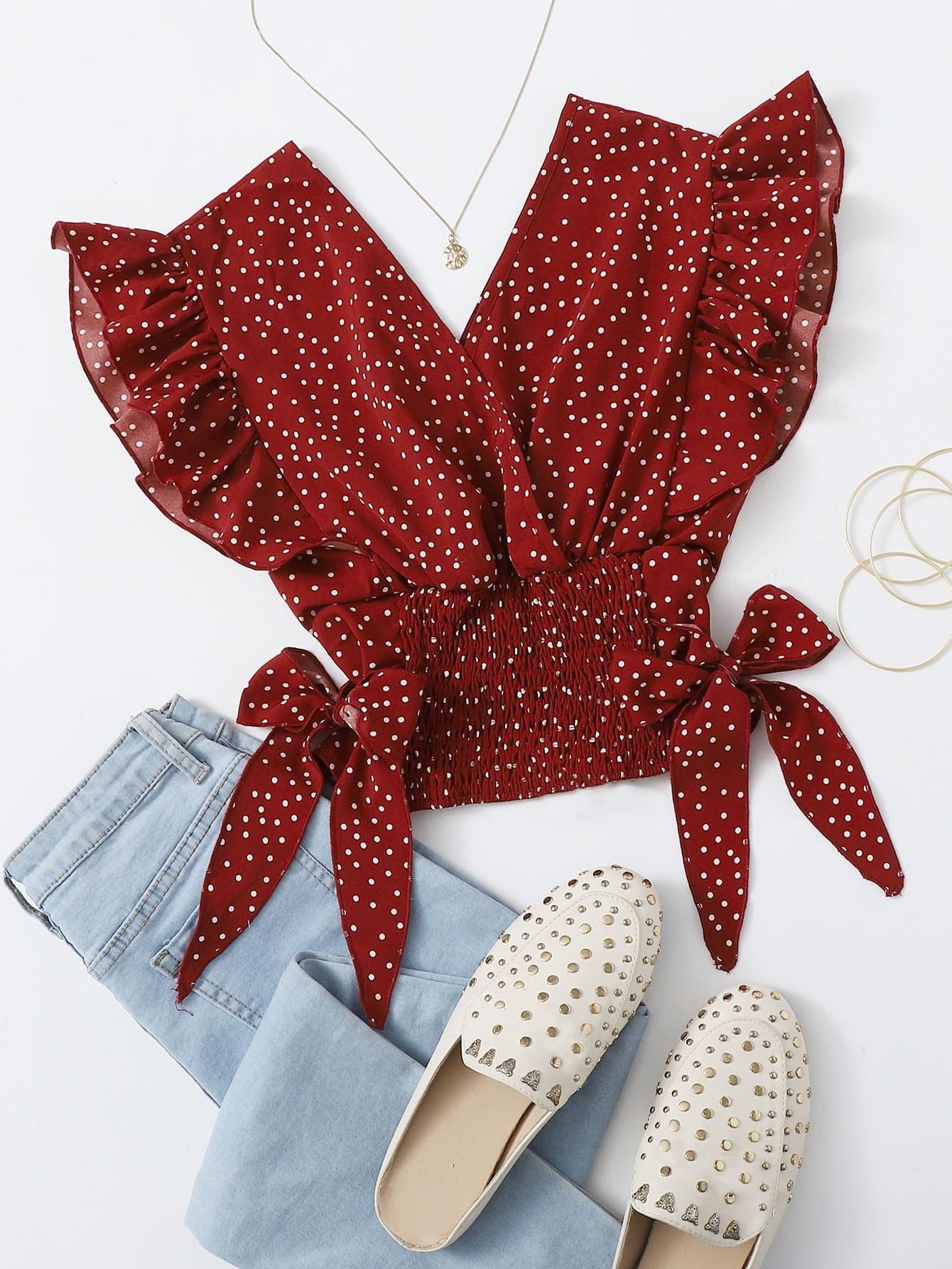 Polka Dot Shirred Ruffle Top