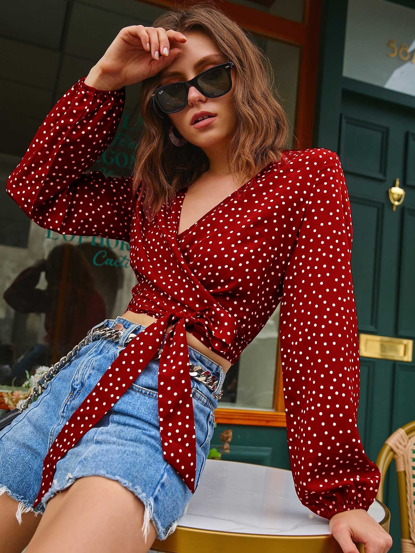 Polka Dot Cropped Wrap Top