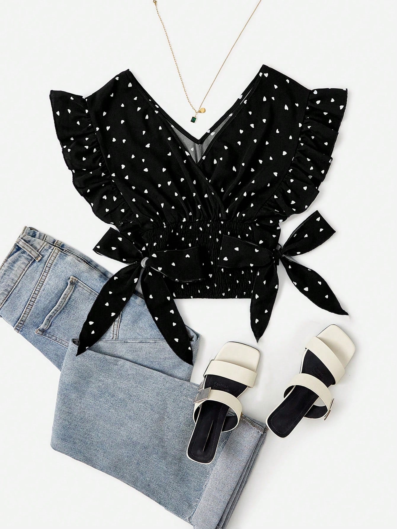 Polka Dot Shirred Ruffle Top