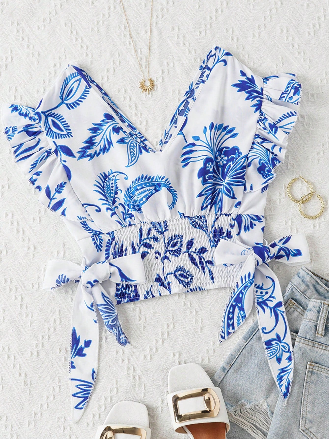 Polka Dot Shirred Ruffle Top