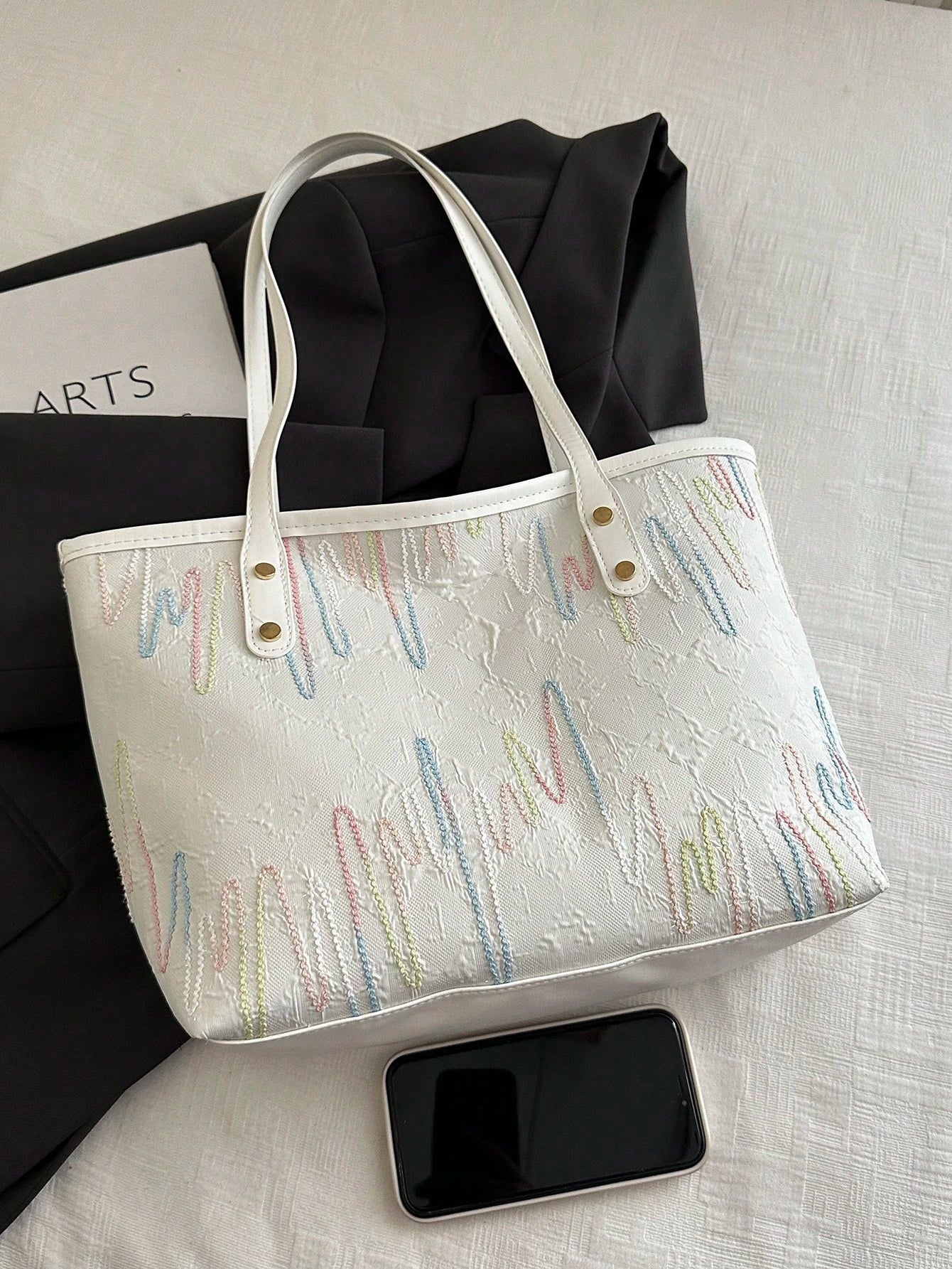 White Multicolor Embossed Tote Bag