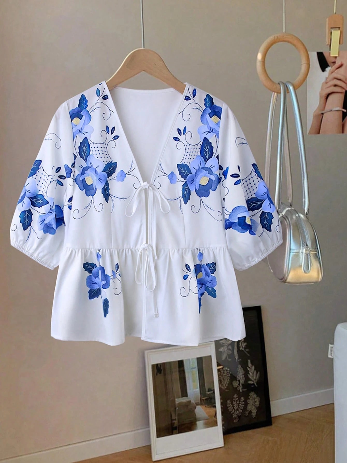 Casual Tie Lantern Sleeve Top