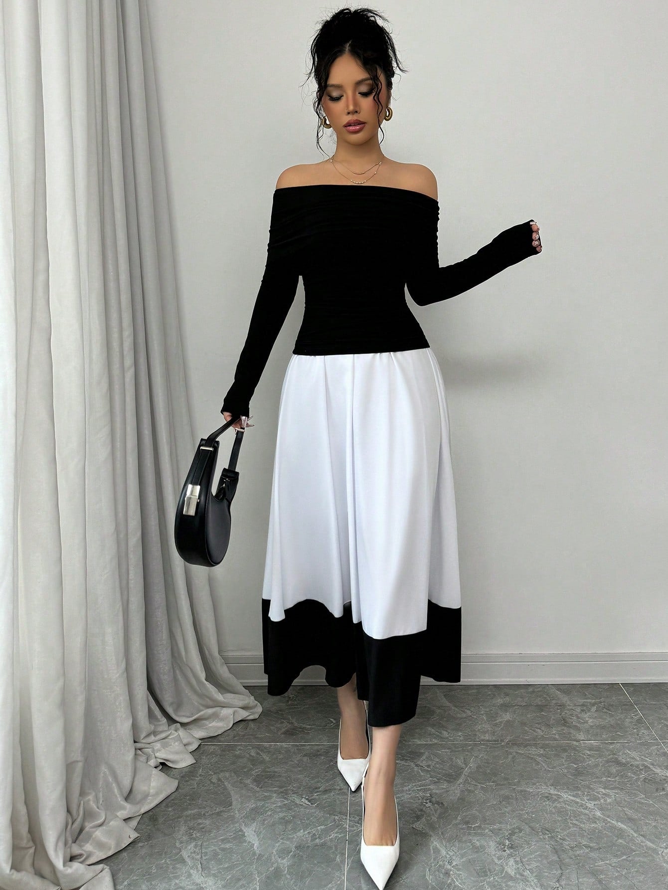 Off-Shoulder Pleated A-Line Set