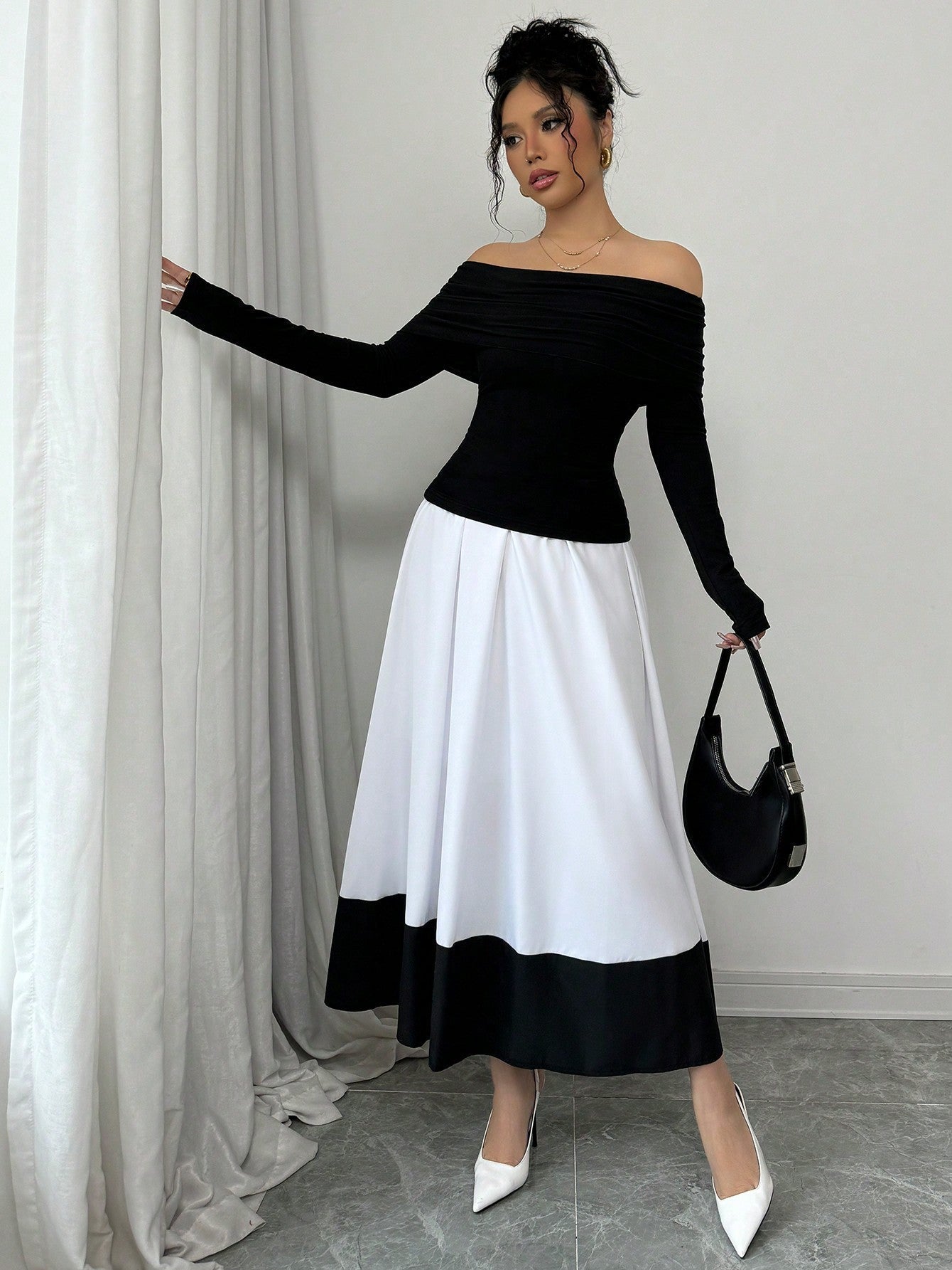 Off-Shoulder Pleated A-Line Set