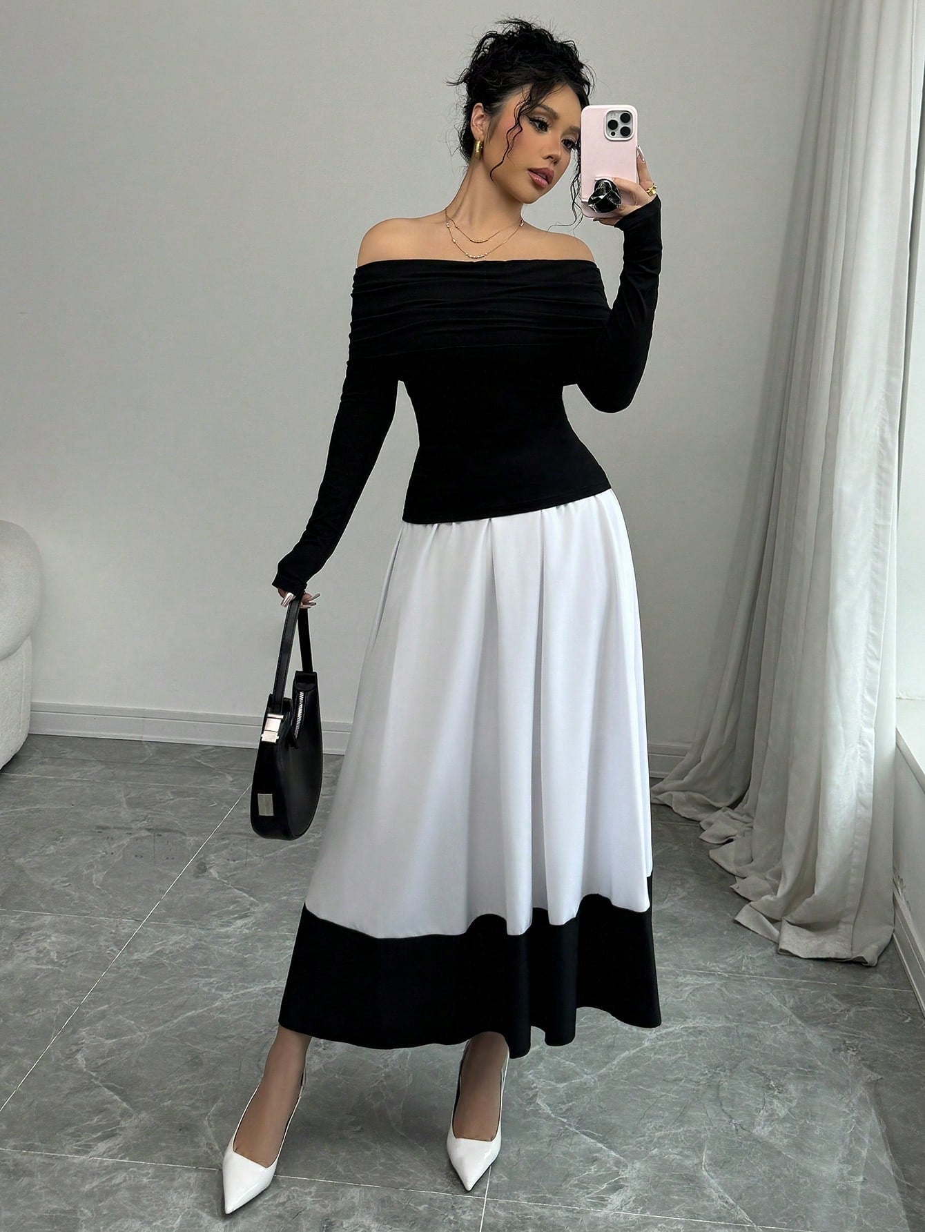Off-Shoulder Pleated A-Line Set