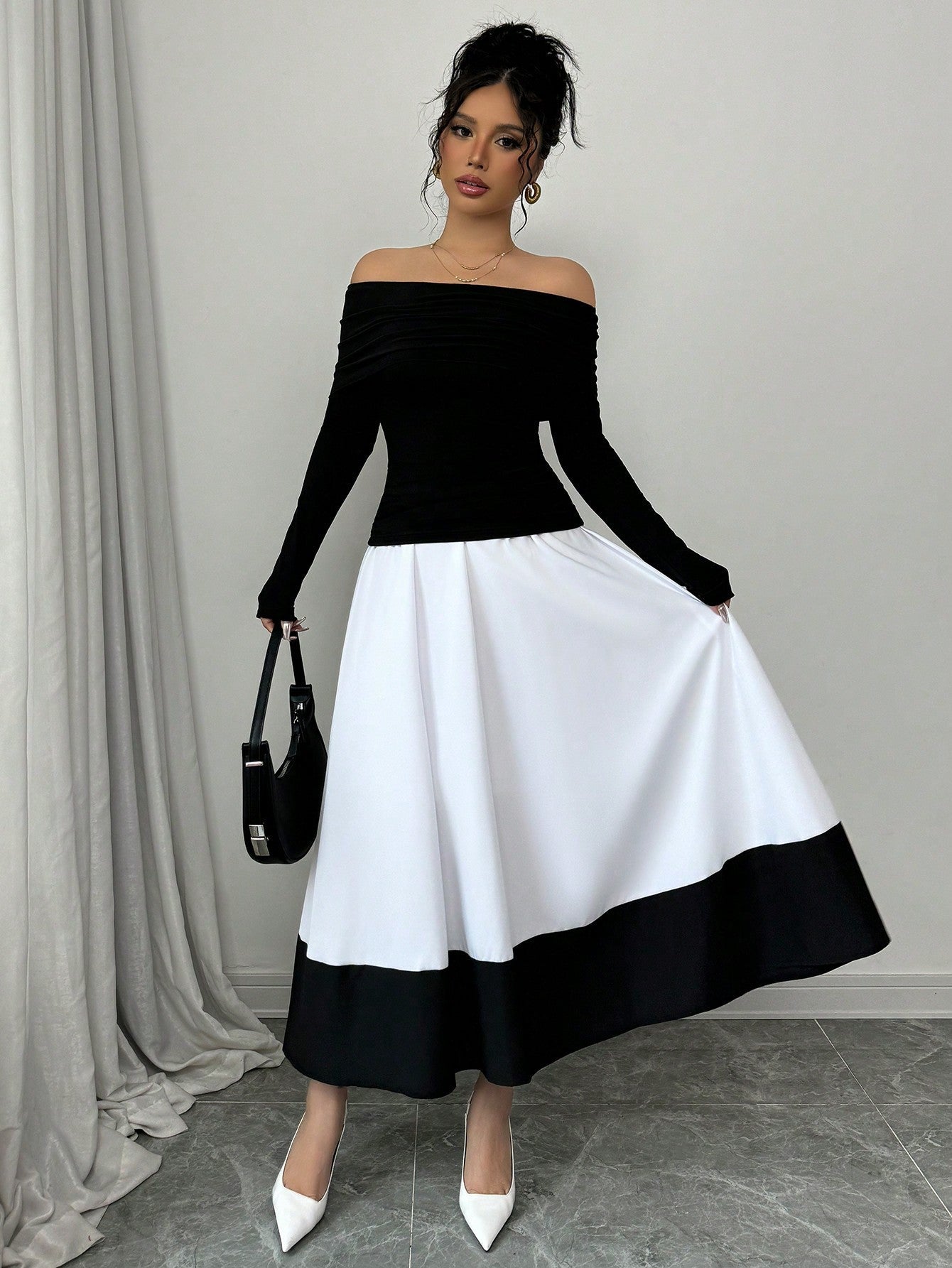 Off-Shoulder Pleated A-Line Set
