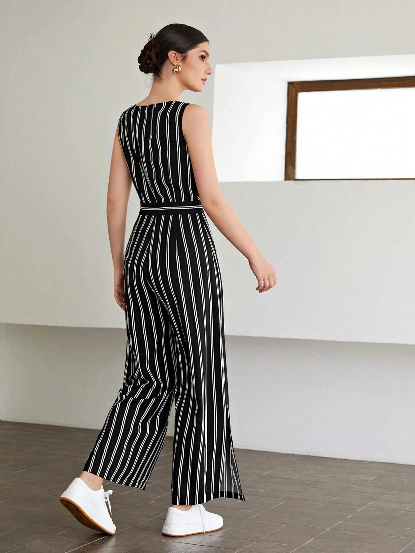 Striped Slit Hem Casual Jumpsuit