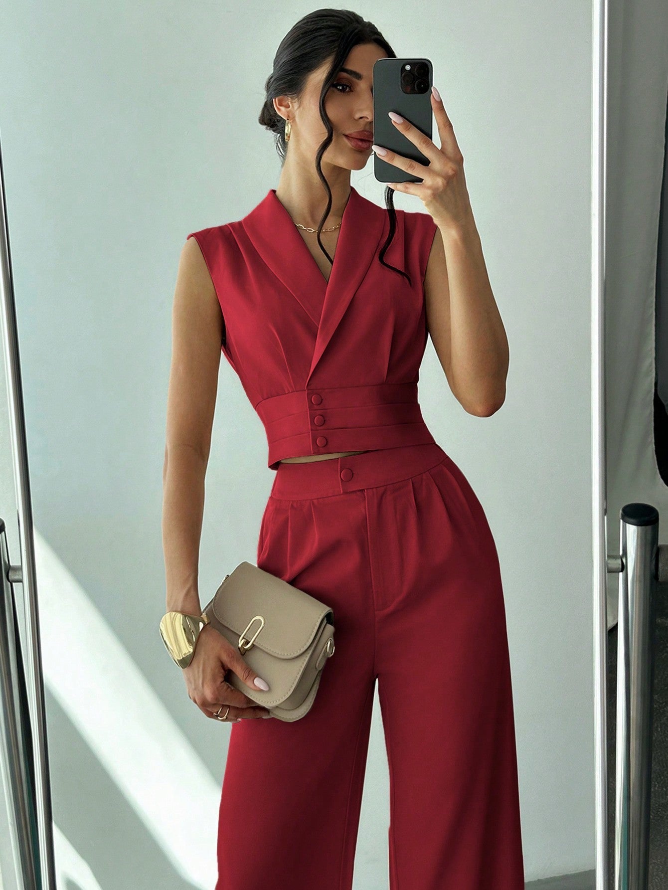 Collared Blouse Straight-Leg Pants Set