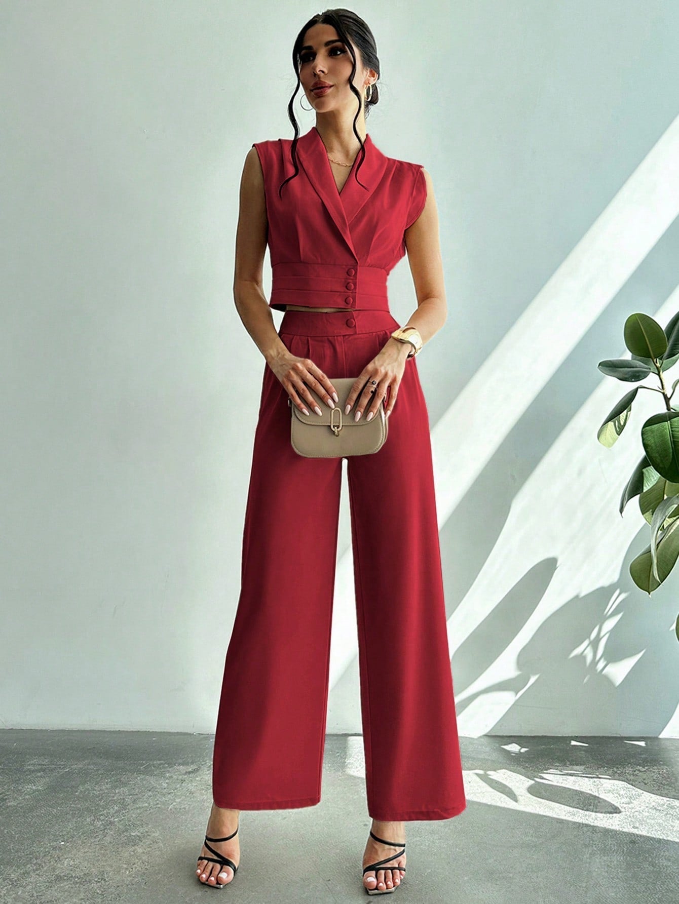Collared Blouse Straight-Leg Pants Set
