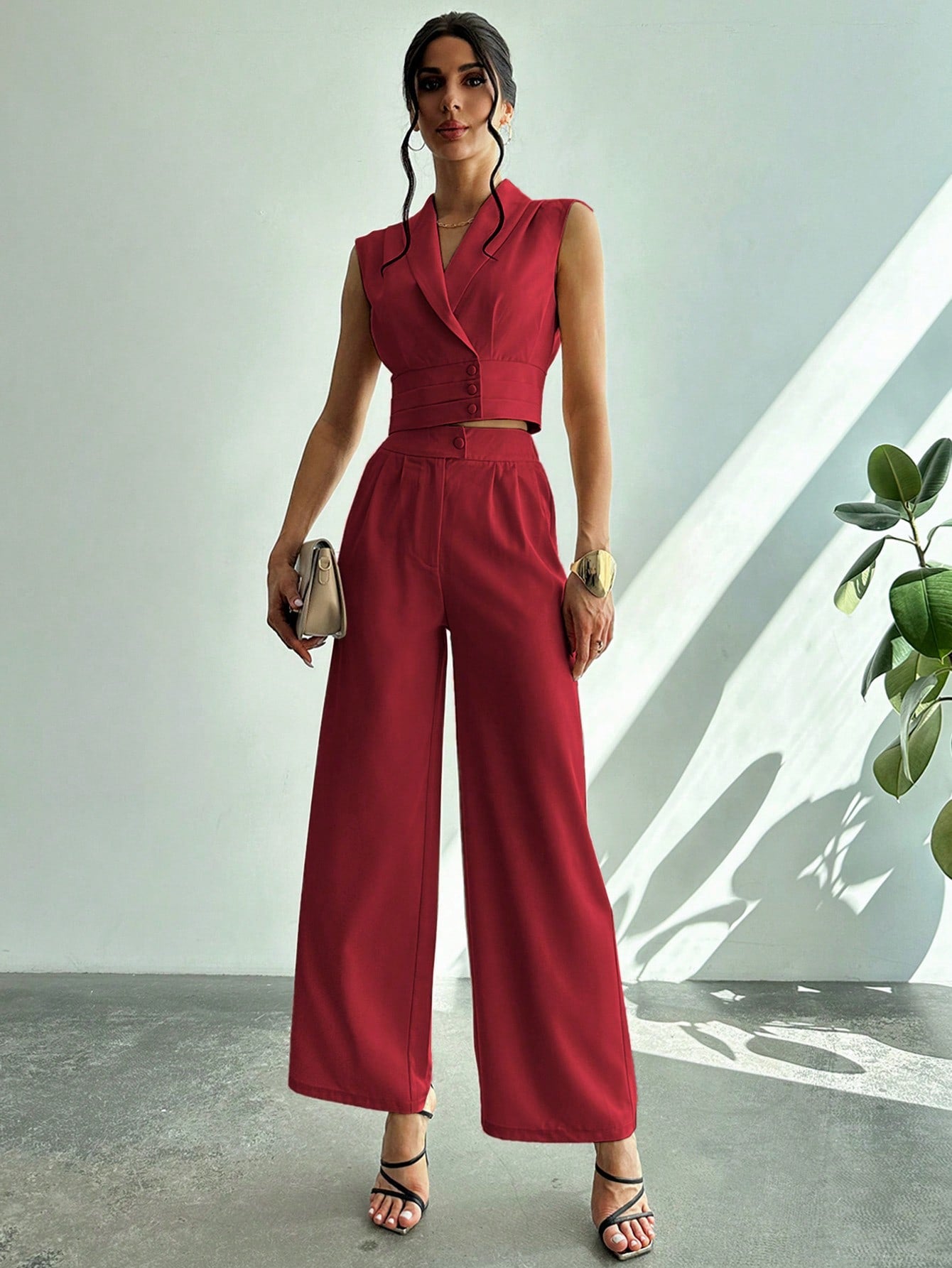 Collared Blouse Straight-Leg Pants Set