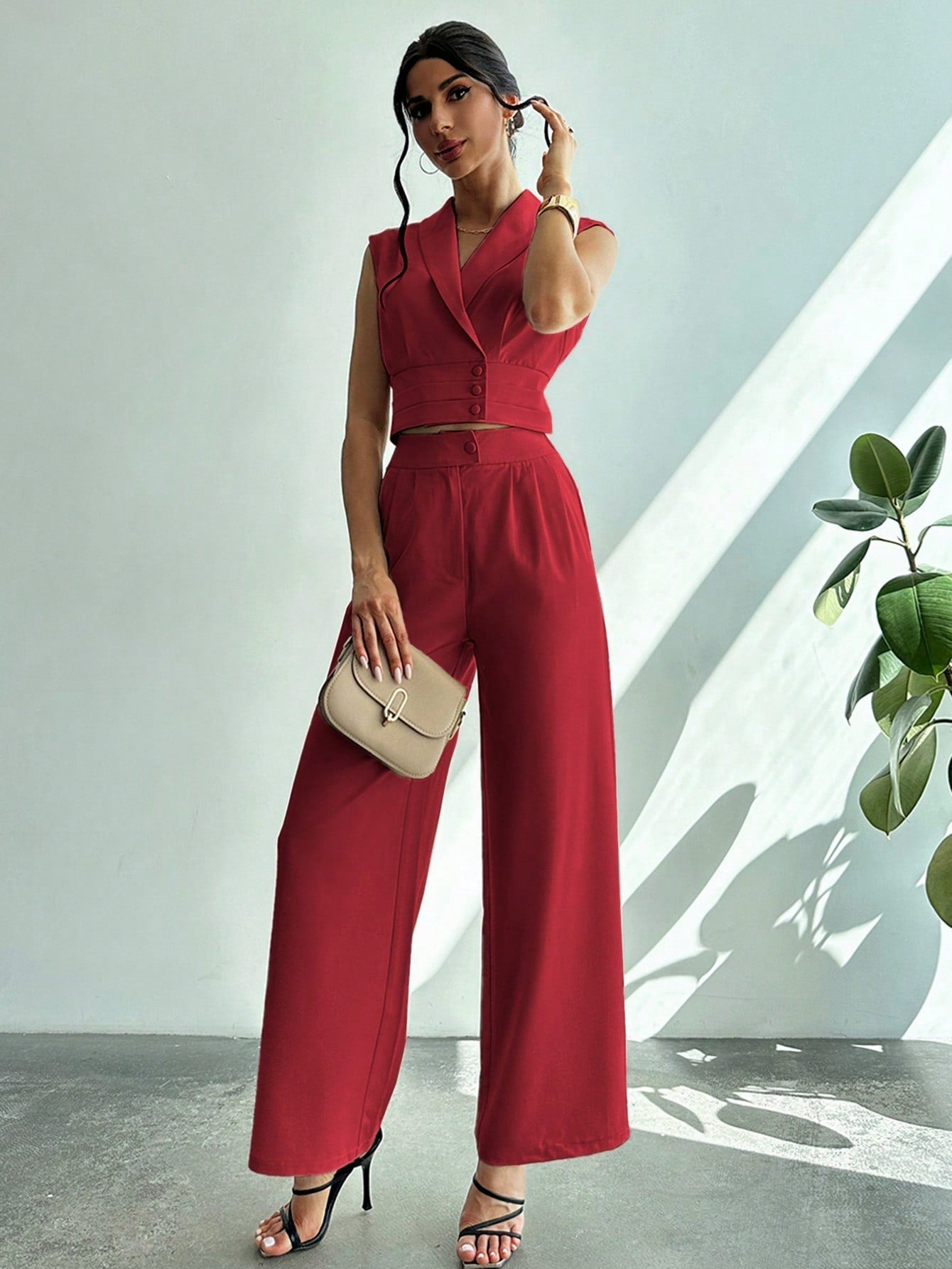 Collared Blouse Straight-Leg Pants Set