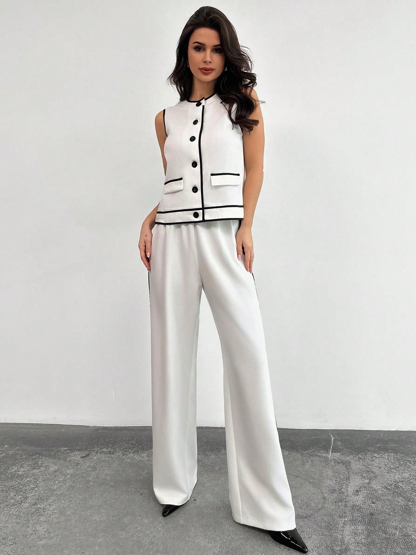 Contrast Trim Sleeveless Pants Set