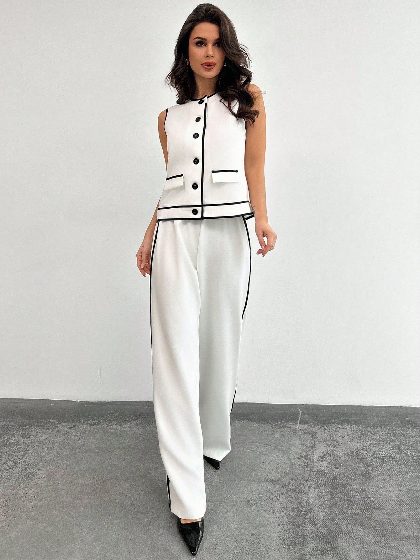 Contrast Trim Sleeveless Pants Set