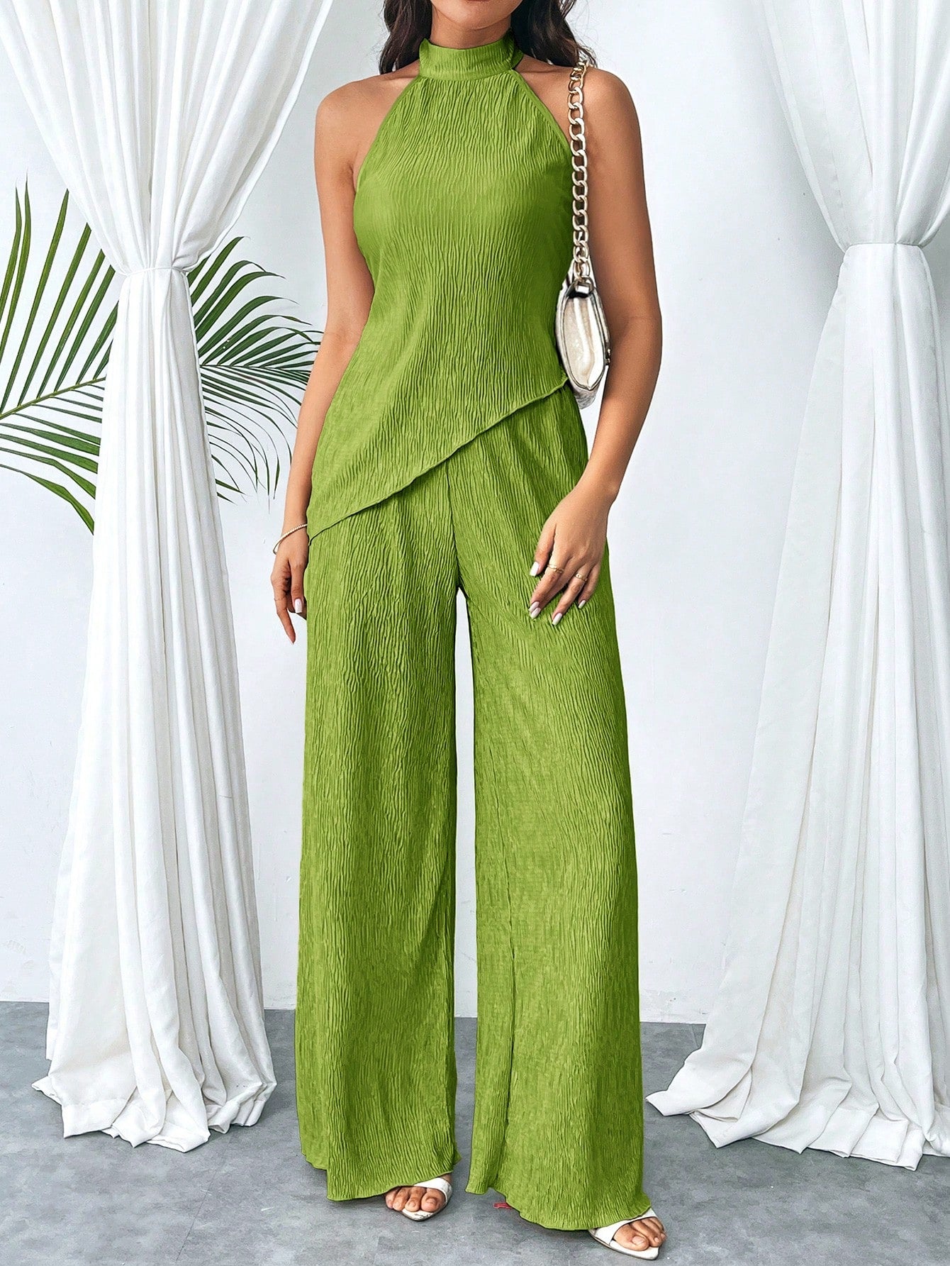 Asymmetrical Halter Top Pants Set