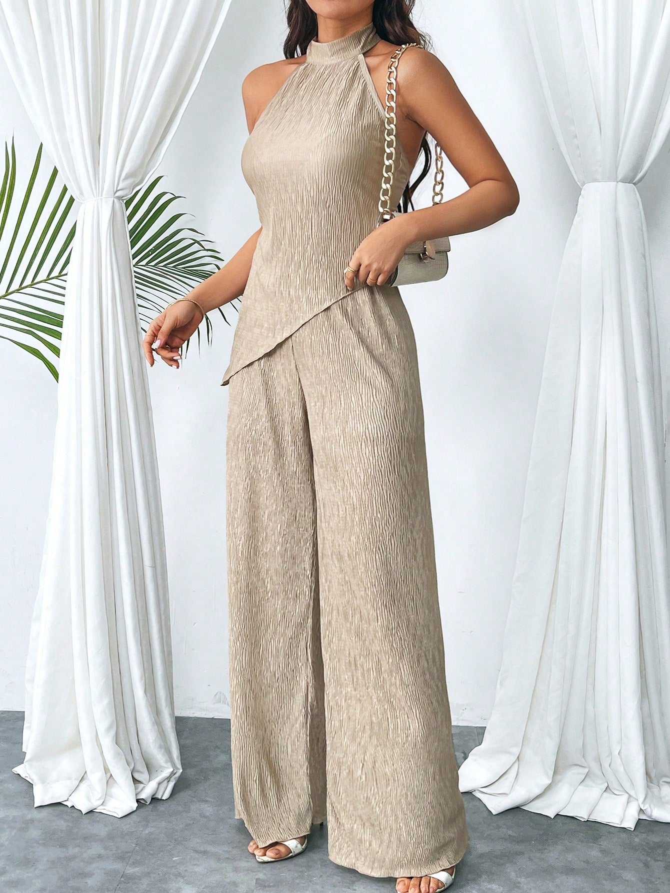 Asymmetrical Halter Top Pants Set